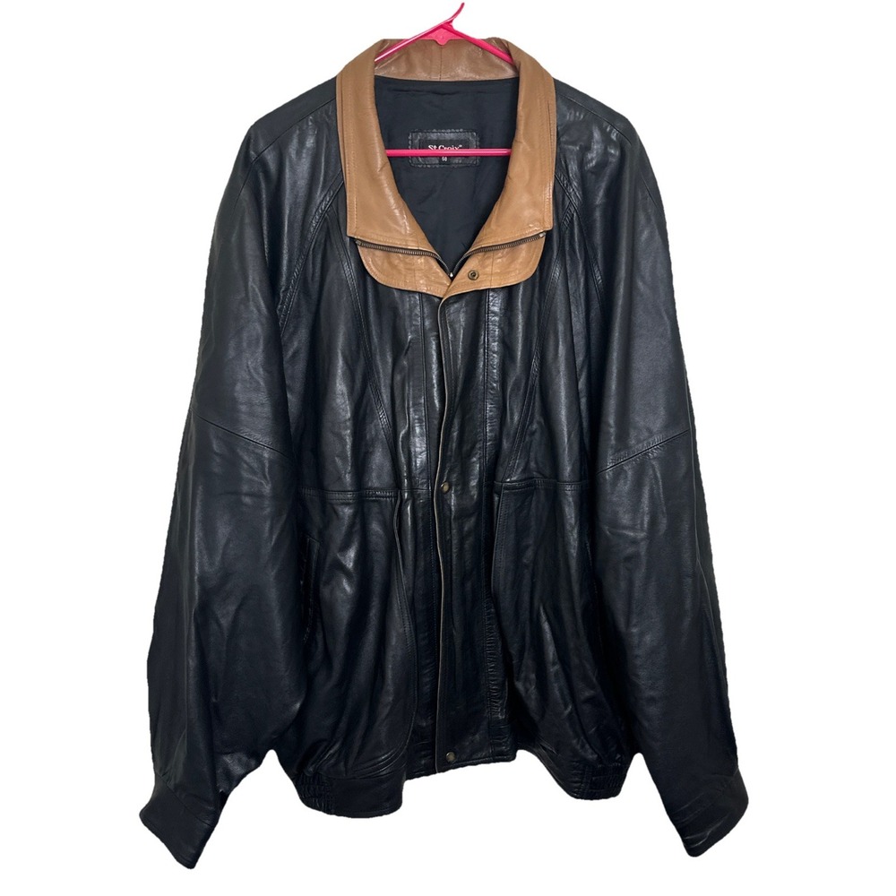 St Croix Shop Brown Black Two Tone Leather Double Collar Bomber Jacket 2XL Sz 50